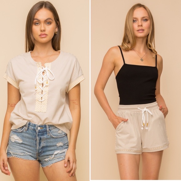 Hem & Thread Pants - 123. Short Set Lace Up Knit Top Pin Stripe Shorts Taupe/Mustard/Ivory